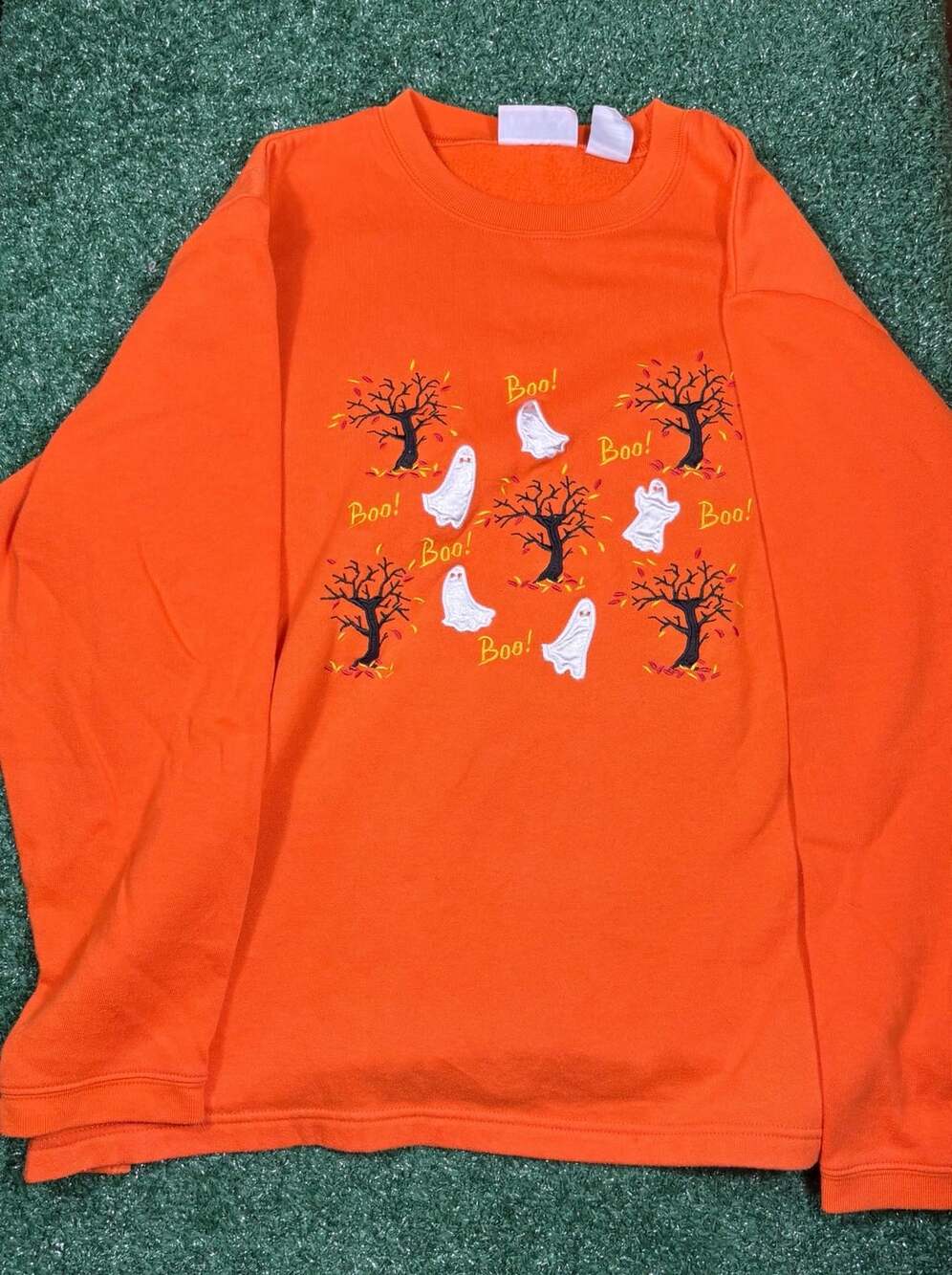 Basic Editions Halloween Ghost Boo Tree Embroidered Sweatshirt Orange